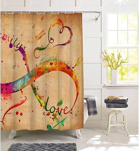 Miniatura 4 de Cortina de ducha con música, nota musical abstracta con arte temático de amor, juego de baño moderno con ganchos, notas musicales, canción rítmica,