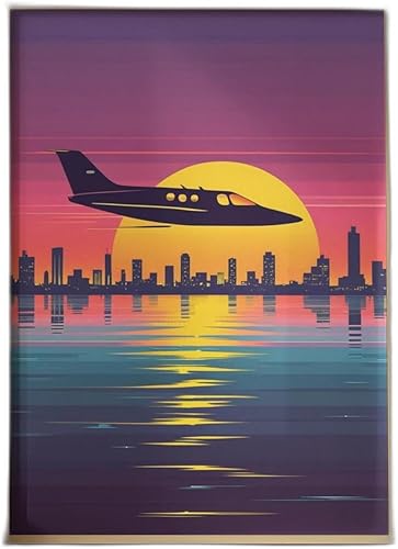 Póster retro japonés para pared con un horizonte de ciudad al atardecer y un avión, impresión costera de estilo japonés para decoración de sala de