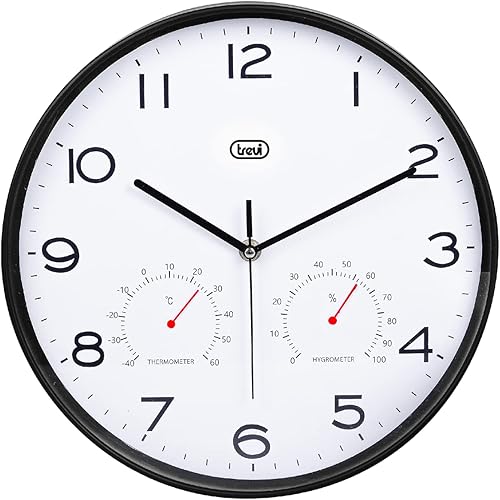 Trevi OM 3510 T Orologio da Parete con Termometro e Igrometro per Temperatura e Umidità, Lancette silenziose, Diametro 30 cm, Design moderno, Formato rotondo, Nero