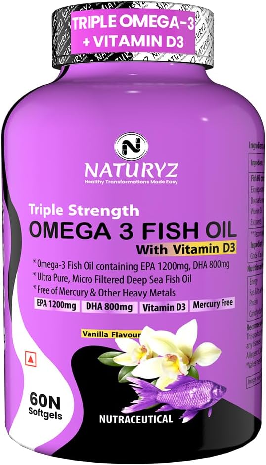 Vanilla Flavoured Triple Strength 2500mg Omega 3 Fish Oil with Vitamin D3|Highest Strength 2000 mg Omega 3 Per Serving (EPA 1200mg DHA 800mg) Deep Sea Fish Oil for Unisex-60 Capsules,100 grams