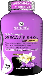 Naturyz Vanilla Flavoured Triple Strength 2500mg Omega 3 Fish Oil with Vitamin D3|Highest Strength 2000 mg Omega 3 Per Ser Price In India
