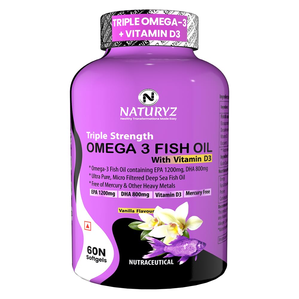 Vanilla Flavoured Triple Strength 2500mg Omega 3 Fish Oil with Vitamin D3|Highest Strength 2000 mg Omega 3 Per Serving (EPA 1200mg DHA 800mg) Deep Sea Fish Oil for Unisex-60 Capsules,100 grams