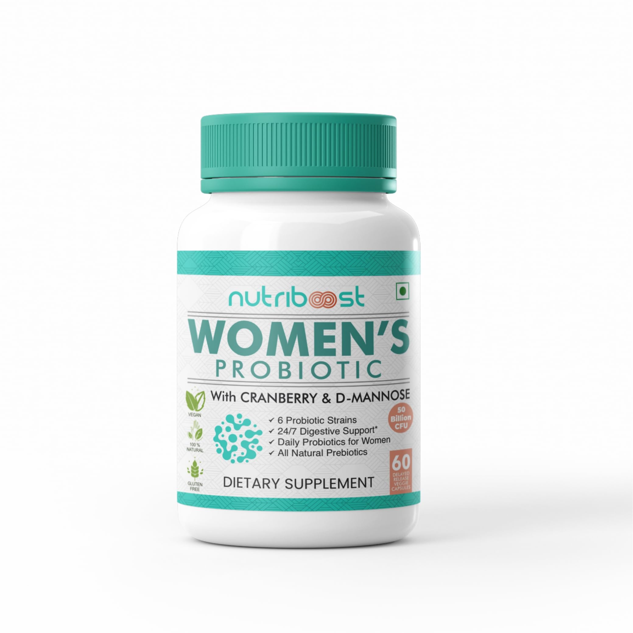 Women's Cranberry & D-Mannose Non-GMO and Gluten Free Capsules - 50 Billion CFU - 6 Probiotic Strains | Easier Digestion/Stronger Immunity/Fuller Nutrition, Organic & Natural (60 Servings)