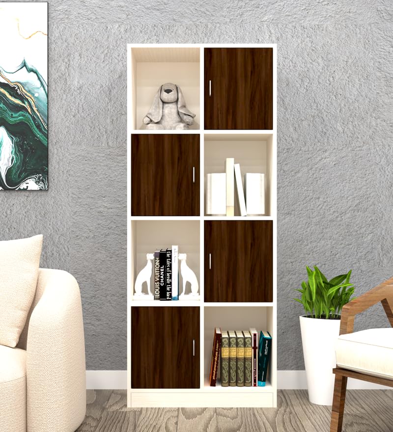 Image of SPECIALITY PANELS 8 Cube Bookshelf with Shutters, White and Brown, 176x73x35 cm, 4 Open and 4 Closed Shelves, Carpenter Assembly Provided