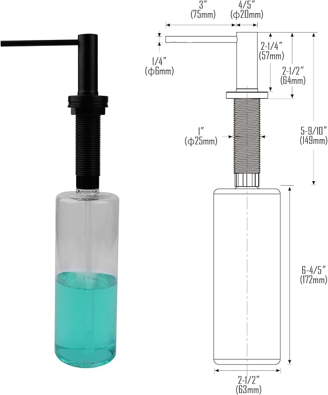 AIKE AK1052 Beépíthető Mosogatószer Adagoló 500ml - Rozsdamentes Acél Pumpás Mosogatófolyadék Adagoló Konyhai Mosogatóhoz, Fekete - Black