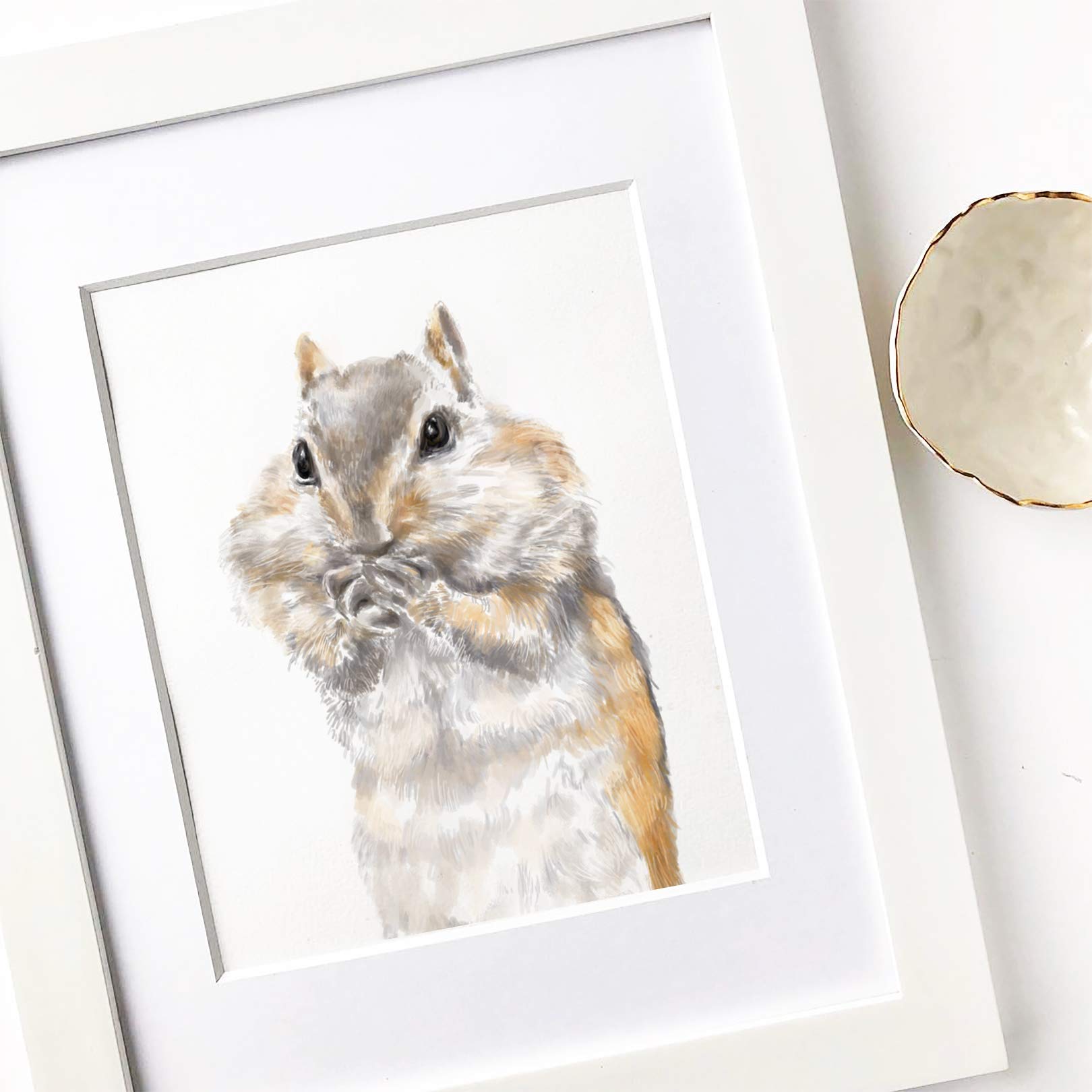 Triple Studio Chipmunk Art Print, Cute Woodland Animal Room Decor, Nursery Wall Art, Scandinavian Watercolor Painting, UNFRAMED, Signed by Artist