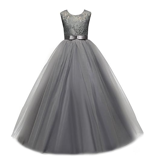 Flower Girls Sleeveless Long Pageant Dresses Maxi Lace Gown for Kids Formal Wedding Bridesmaid Princess Dress Big Girls Summer First Communion Party Prom Puffy Tulle Skirt Gray Size 7-8 Years