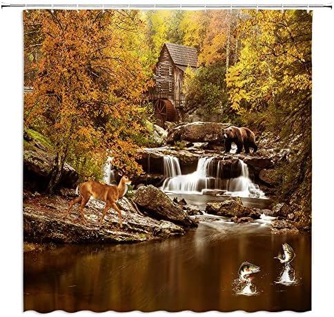 Cabin Shower Curtain Rustic Farmhouse Bear Deer Fall Forest Camper Wild Animals Hunting Waterfall Stream Retro Country Fabric Bathroom Decor Set with Hooks(70" Wx78 H)