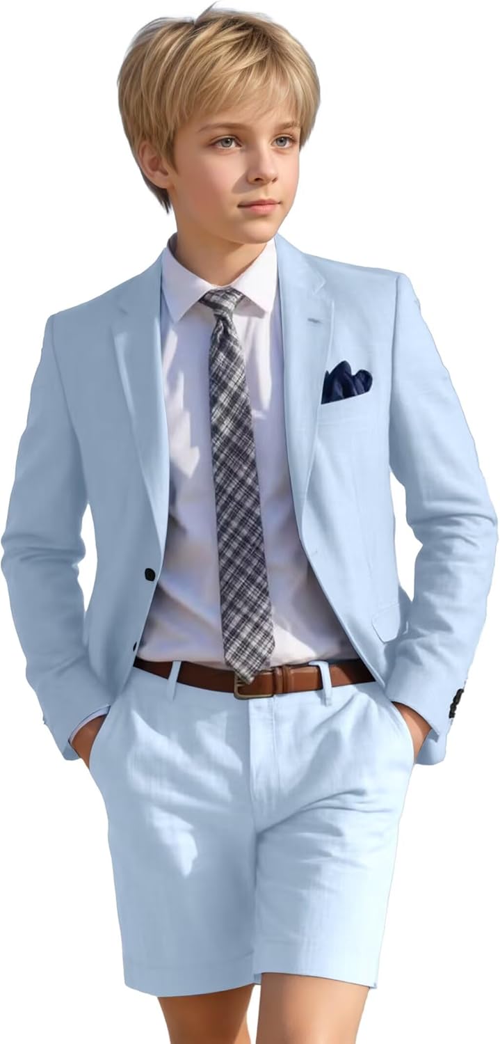 Summer Casual Boys Linen Suit Solid Casual Slim Fit 2 Piece Shorts Boys Tuxedo Suit Set Vacation Suits for Boy