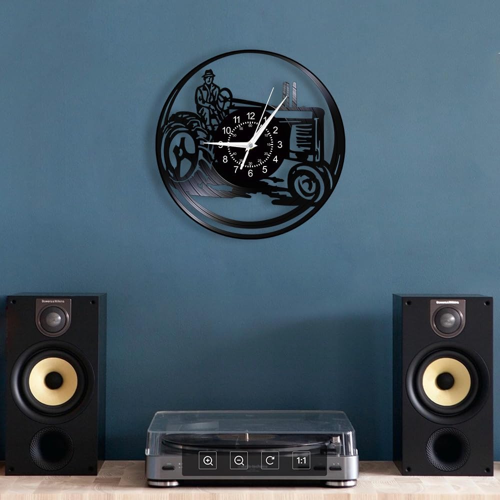 Farmhouse Wall Clock, 12 Inch Farmer on Tractor Wall Clock, Silent Quartz Non Ticking Battery Operated Vintage Decorative Analog Vinyl Record Clock Wall Watch for Farmhouse Farmers Gifts