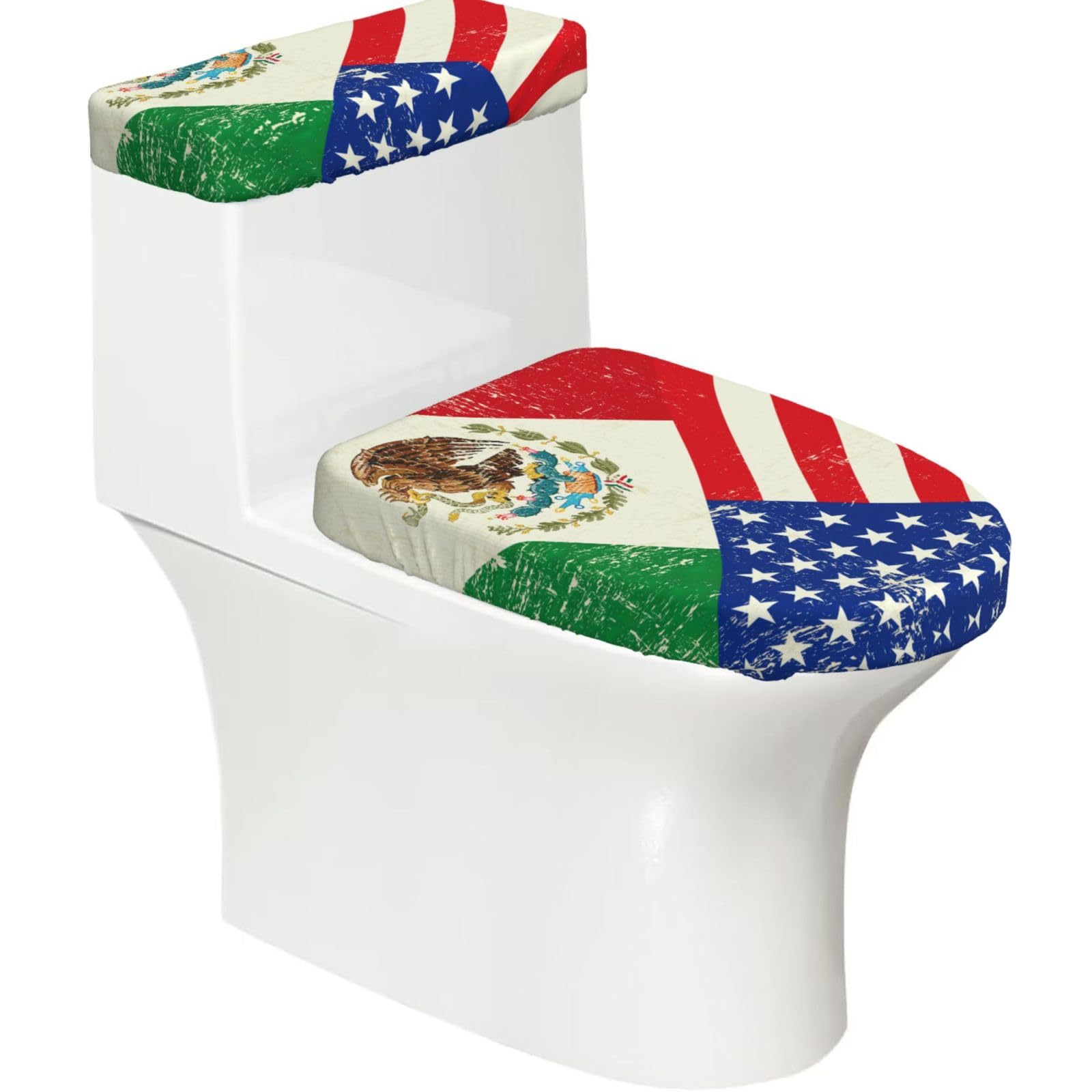 Mexican American Flag Printed Toilet Tank and Lid Cover Set of 2 for Most Bathrooms, Fits Elongated Round Toilets