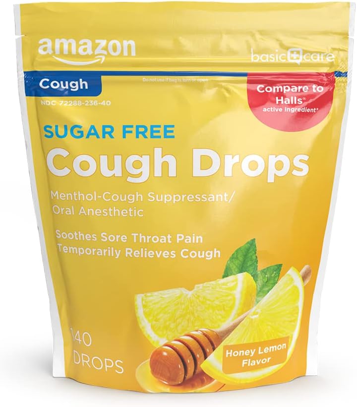 - Amazon Basic Care Sugar Free Honey Lemon Cough Drops for Sore Throat Relief, Soothes Cough, 140 Count (Compare to Halls)