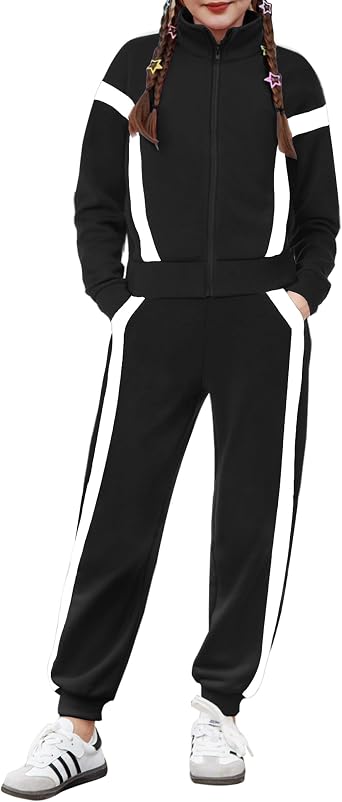 Zaclotre Girls 2 Piece Outfits Zip Up Sweatsuit Contrast Striped Sweatshirt Sweatpant Sets Jogging Track Suit