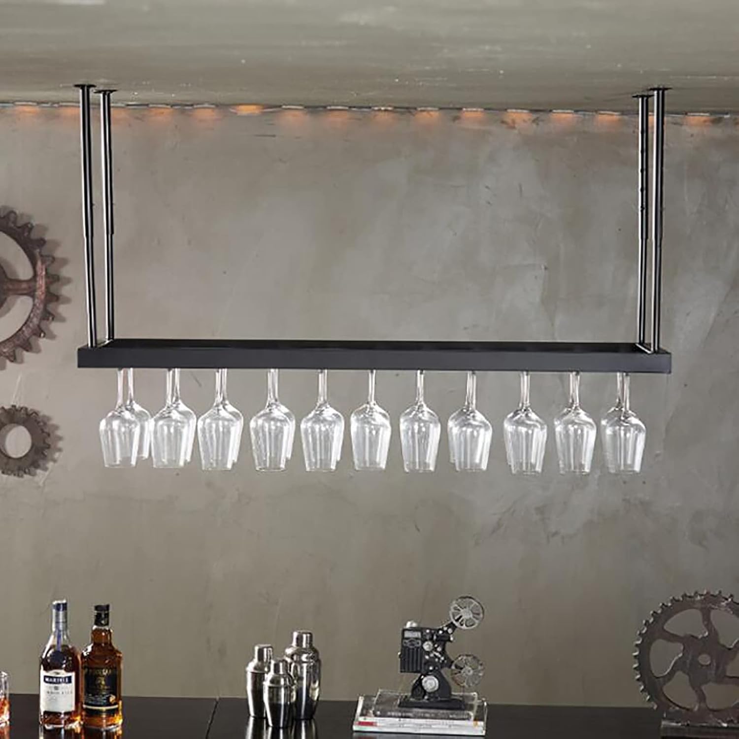 Hanging Wine Glass Holder Metal Stemware Rack,Black Iron Wine Glass Holder,Ceiling Mounted Wine Glass Hanging Rack,Height Adjustable,for Bars Restaurants Kitchens