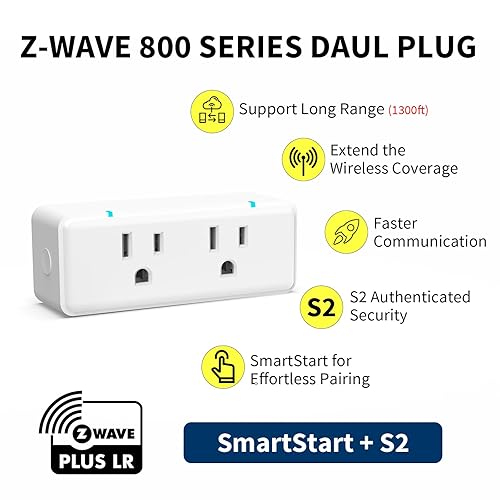 Miniatura 3 de Minoston Enchufe de salida dual Zwave serie 800, interruptor repetidor Z-Wave de encendidoapagado con 2 enchufes de control individuales, requiere