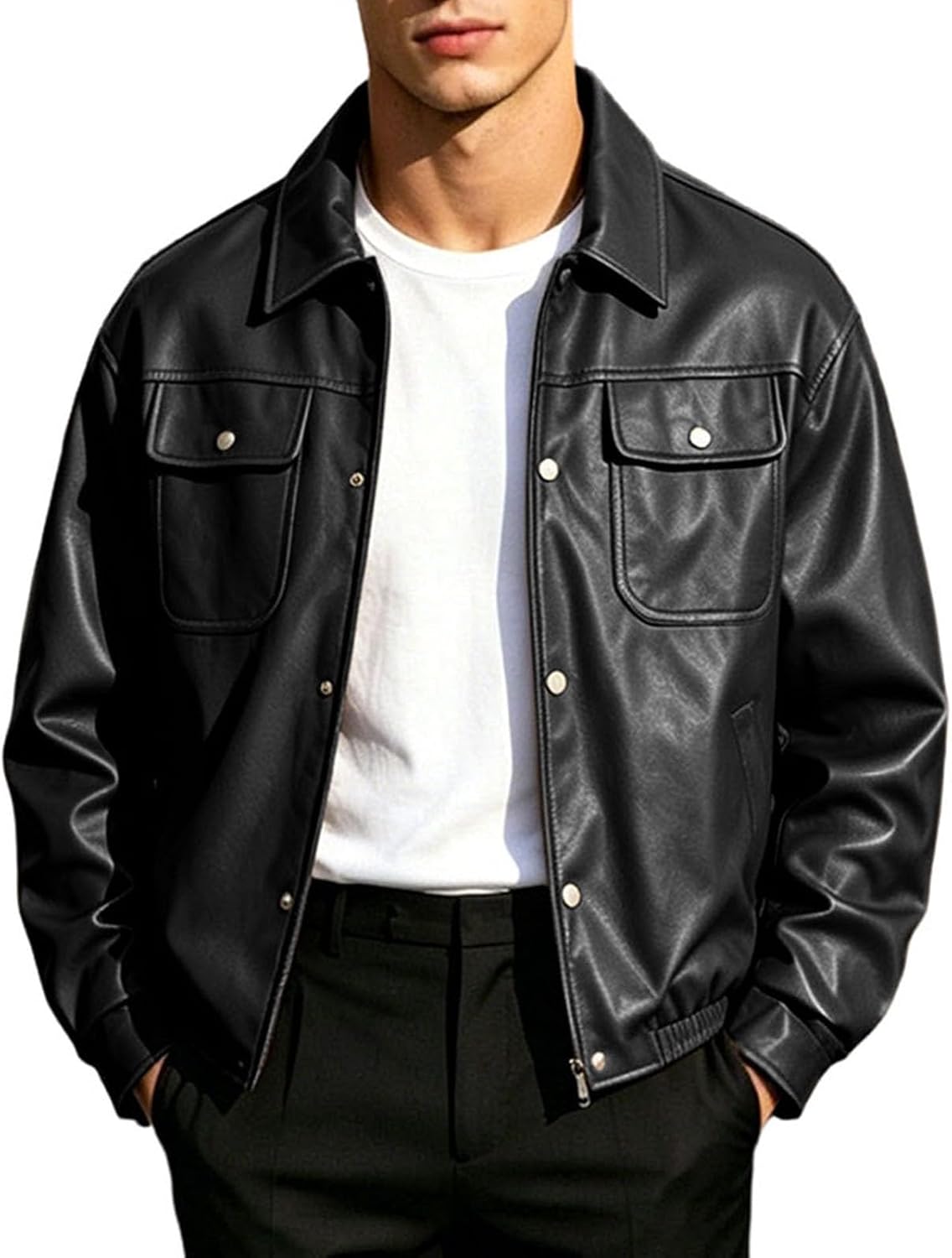 Mens Leather Jacket Casual Bomber Coat Vintage Lapel Button Up Overcoat