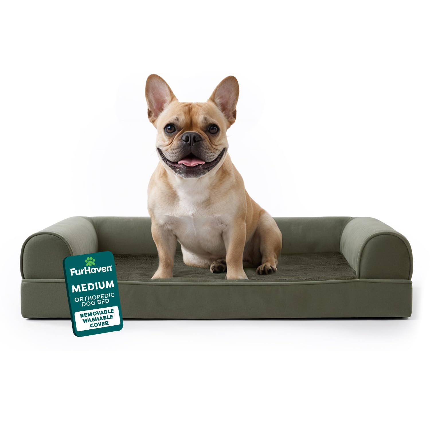 Classic Soft Sofa Orthopedic Dog Bed for Medium Dogs, with Egg Crate with a Solid Orthopedic Foam Base for Joint Support, Removable Washable Cover, Medium, Faux Fur & Velvet, Dark Sage