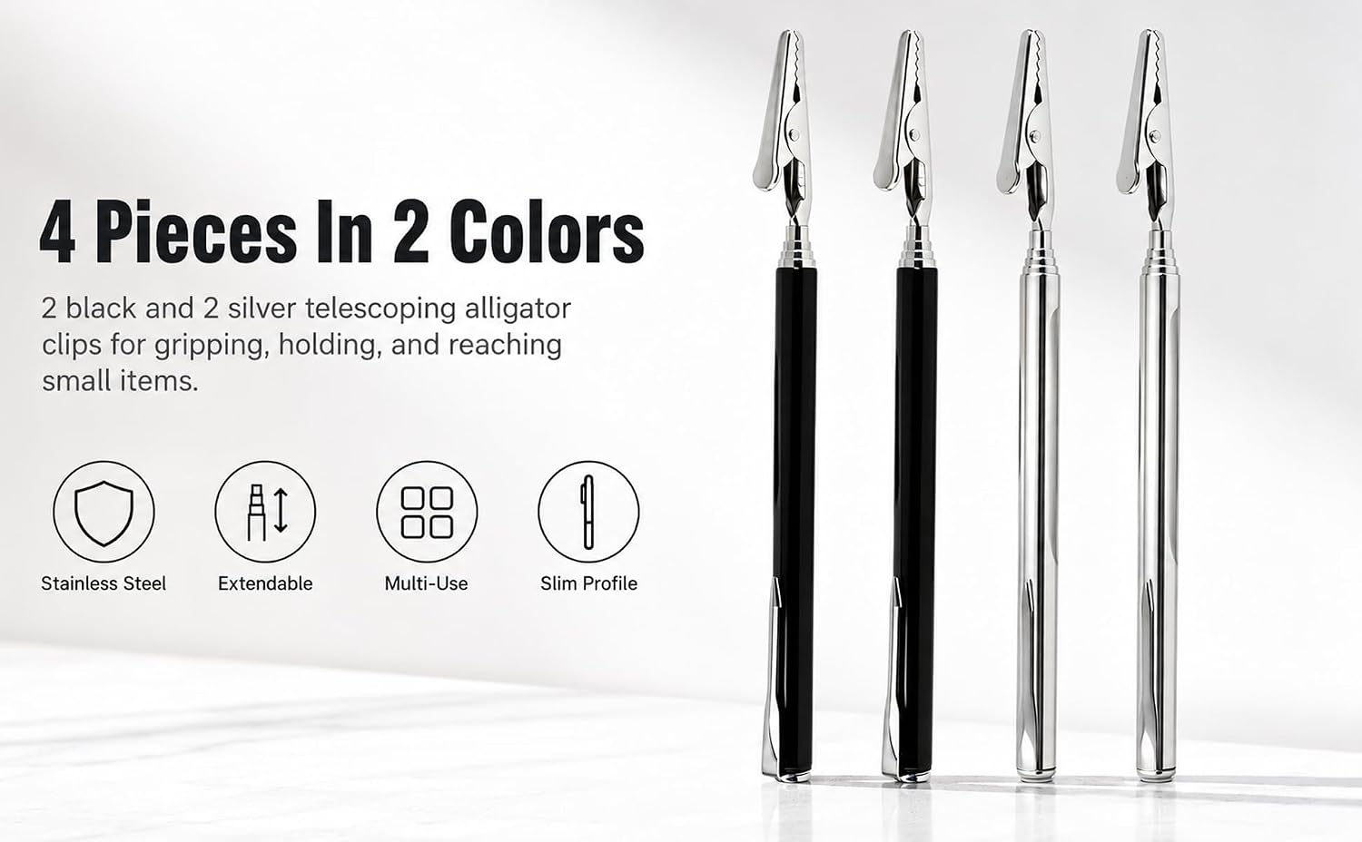 4 Pcs Telescoping Alligator Clip Bracelet Helper Tool, Extendable Telescopic Metal Wire Clamp with Pen Clip for Jewelry Fastening, Mechanics, Home, Automobile Repair and Fixing
