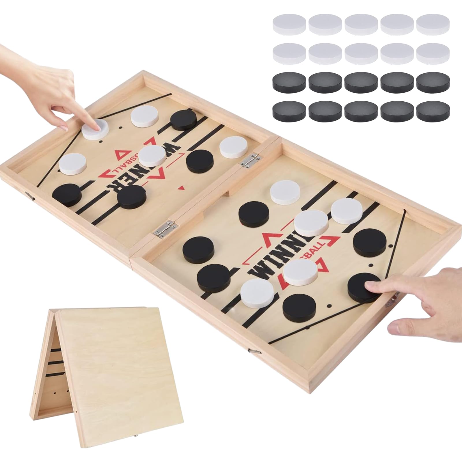 Booaee Gioco di calcio balilla, hockey e rondella, catapulta 2 in 1, portatile, legno, marrone, 2 giocatori, Lega FTSF, squadra rossa e blu