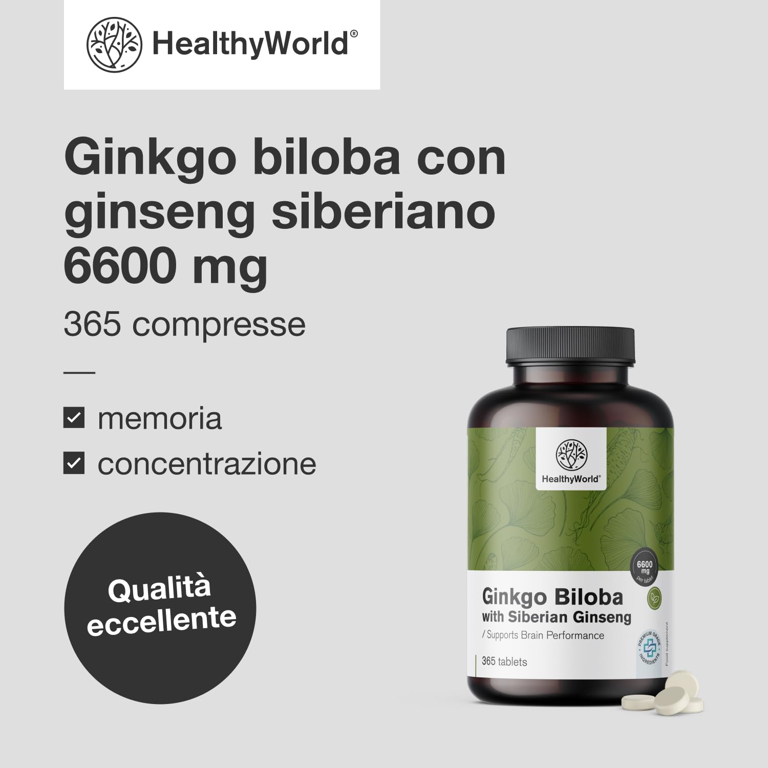HealthyWorld® Ginkgo Biloba con Ginseng siberiano 6600 mg - Dose elevata, qualità premium - Per funzioni cognitive - 365 compresse per 1 anno di scorta - Estratto di ginkgo 50:1 (120mg) e 10:1 (60mg)