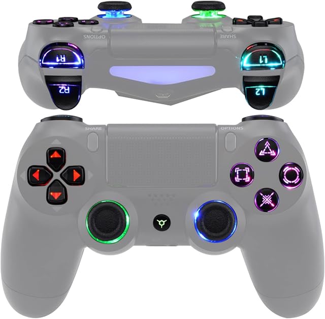 eXtremeRate Multi-Colors Luminated D-pad Thumbstick L1 R1 R2 L2 Home Face Buttons DTFS (DTF 2.0) LED Kit for PS4 CUH-ZCT2 Controller with Classical Symbols Buttons - 10 Colors Modes 7 Areas DIY Option