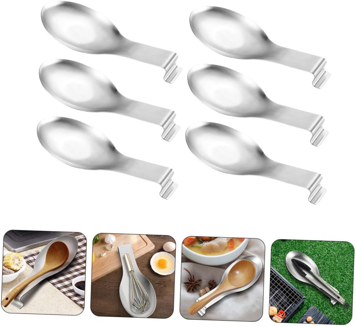 SECFOU 6pcs Practical Scoop Rest Holder Stainless Steel Spoon Rest for Use Scoop Silverware Holder Lid Stove Top Spoon