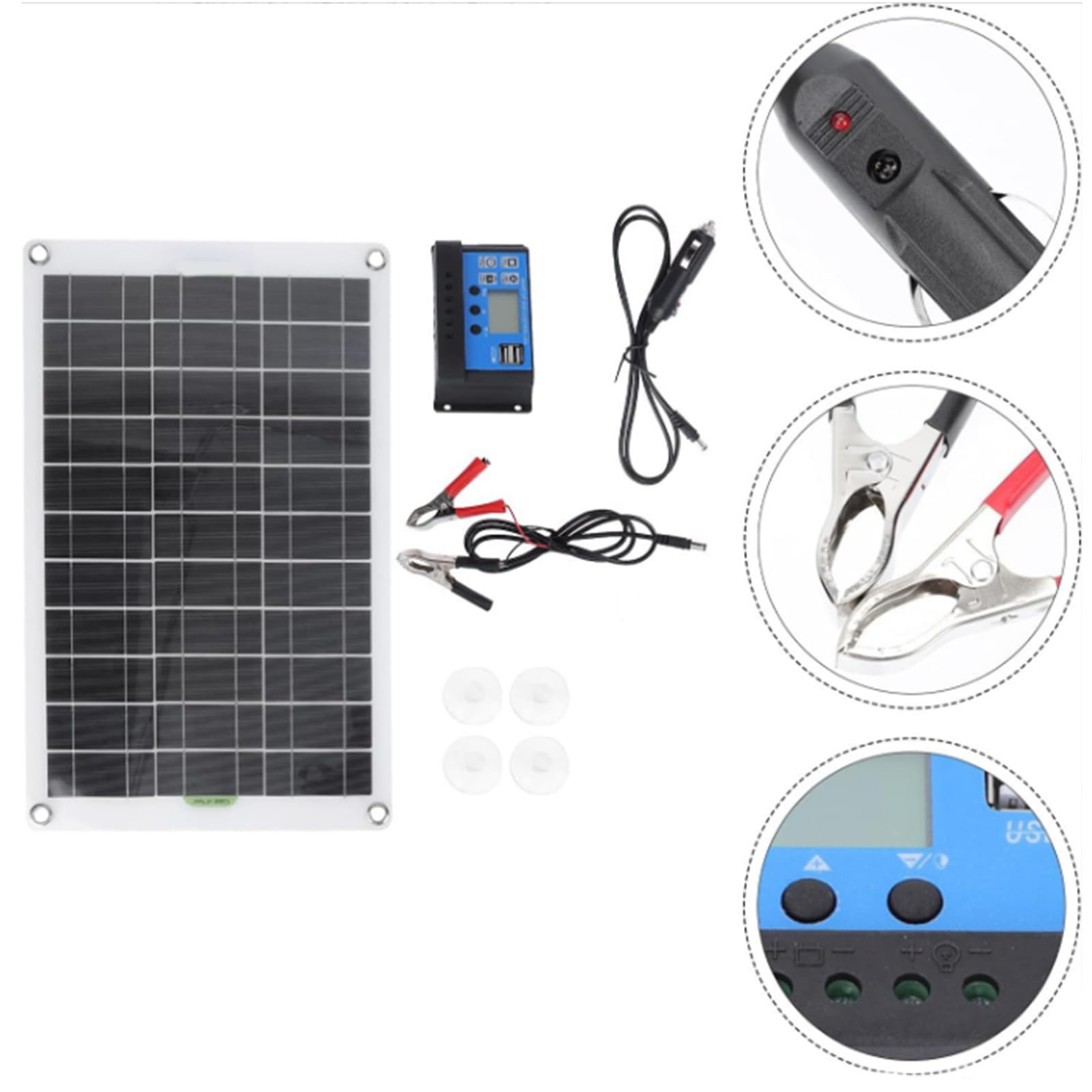Zestaw paneli słonecznych 100 W, płyta solarna 18 V z kontrolerem 10-A-60 A, dwa porty USB, ogniwa słoneczne, powerbank do telefonu, MP3, kampera, samochodu, na kemping