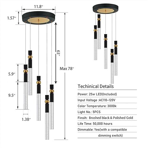 Miniatura 6 de JoollySun Lámpara colgante de cristal moderno 5 Iluminación colgante LED de racimo de luz para mesa de comedor de isla de cocina - oro negro