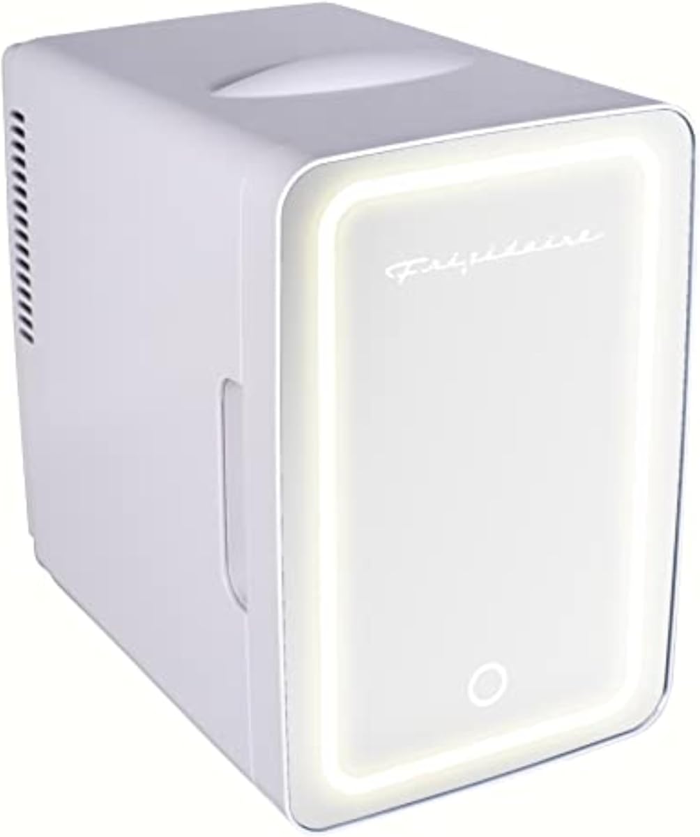 Frigidaire Mini Personal Fridge Cooler, LED Lighted Mirror, 6.5L Capacity, Chills 9 Cans, or Makeup and Skincare, Portable & Compact