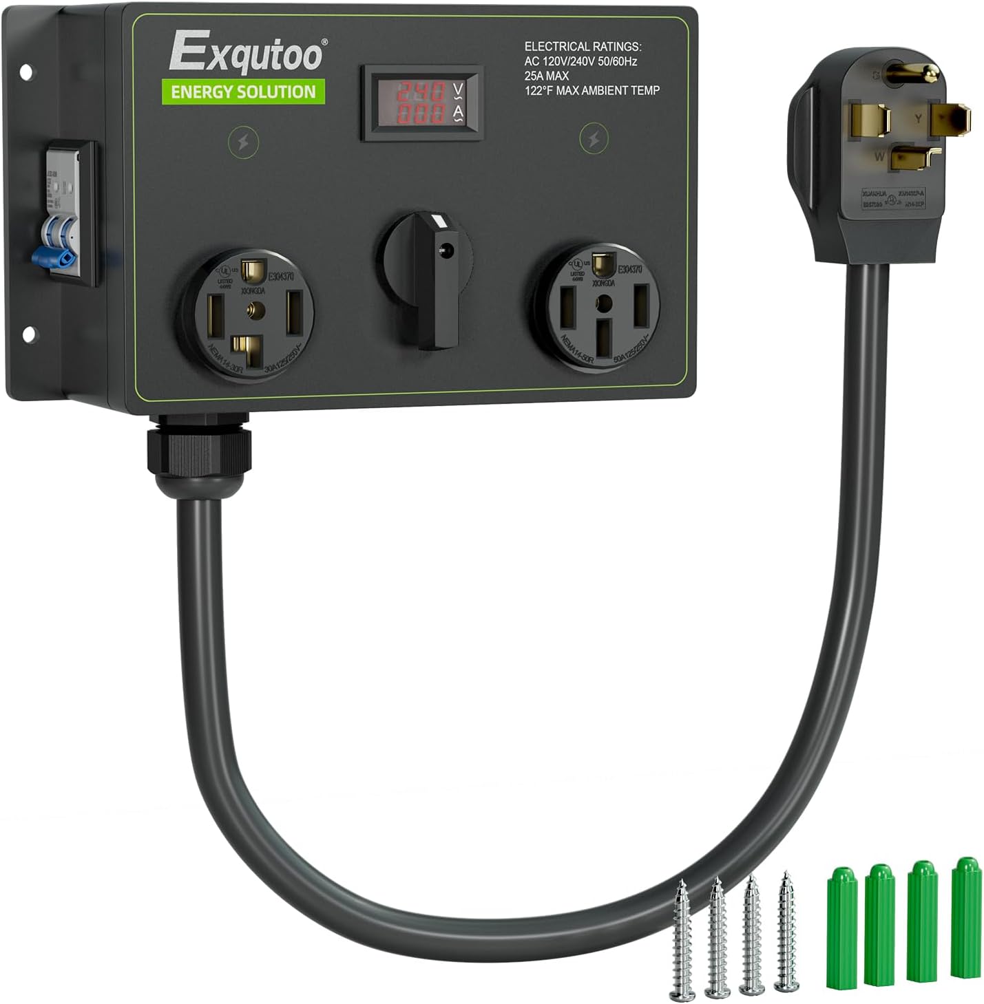 Exqutoo Manual Splitter Switch, NEMA14-30P to 14-30R &14-50R Knob Selection Charging Switch with Breaker, Ideal for EVs, Ovens, Dishwashers, 120/240VAC