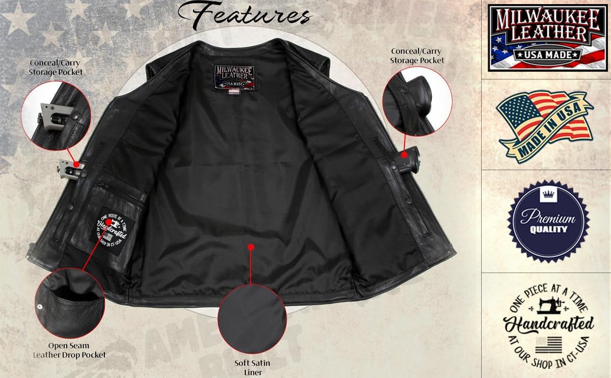 Milwaukee Leather USA MADE MLVSM5009 Men's Black Slinger V-Neck Motorcycle Premium Leather Zippered Vest - Image 3
