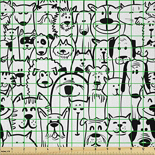 Image of Ambesonne Dogs Fabric by The Yard, Monochrome Doodle Art Composition with Cheerful Animals Smiling Pet Faces, Microfiber Fabric for Arts and Crafts Textiles & Decor, 2 Yards, Charcoal Grey and White