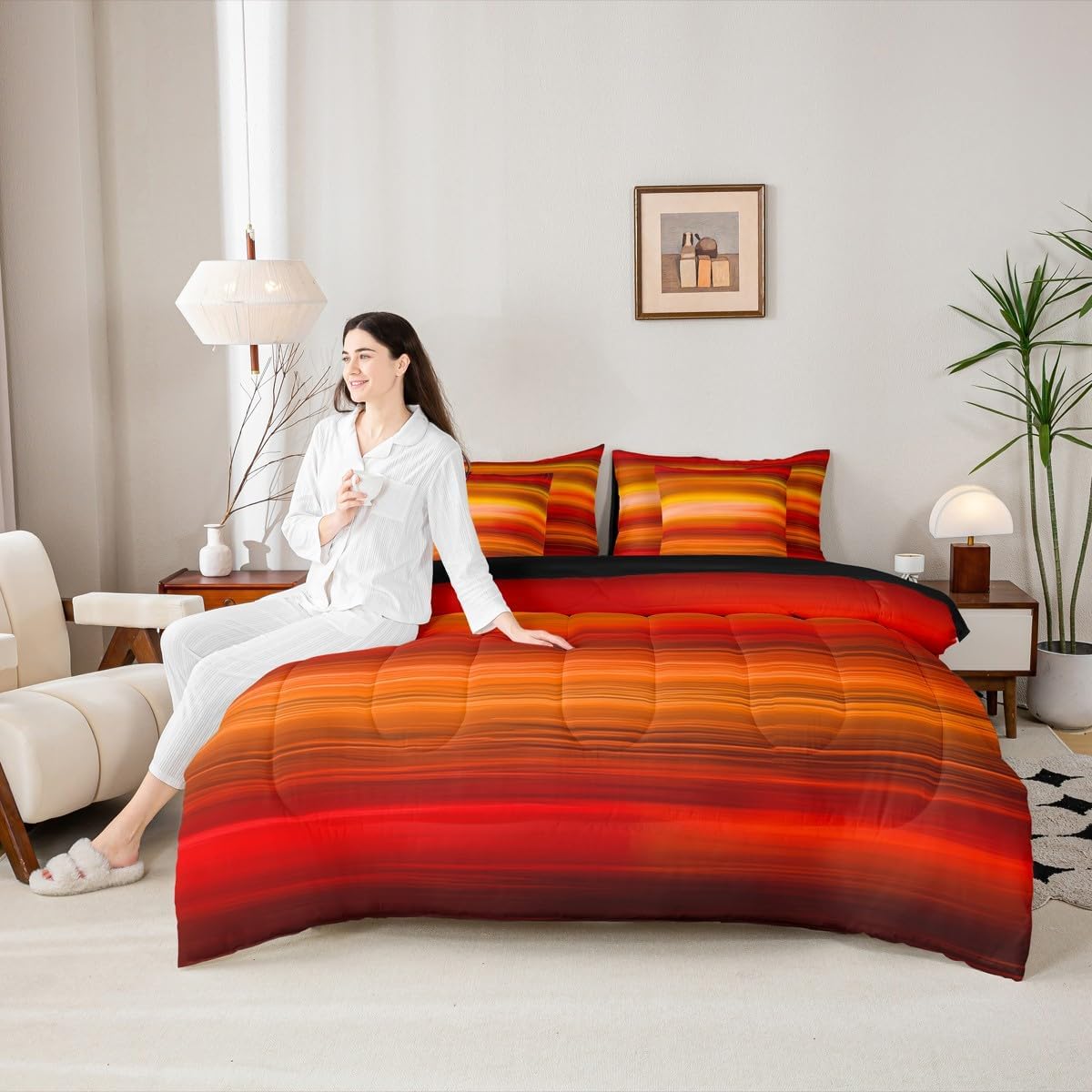 Feelyou Orange Red Print Bedding Set Gradient Orange 7 Piece Bedding Set Romantic Color Comforter Microfiber Yellow Dark Red Bed Set Includes Comforter, Sheet Set, Pillowcases & Pillow Covers Queen