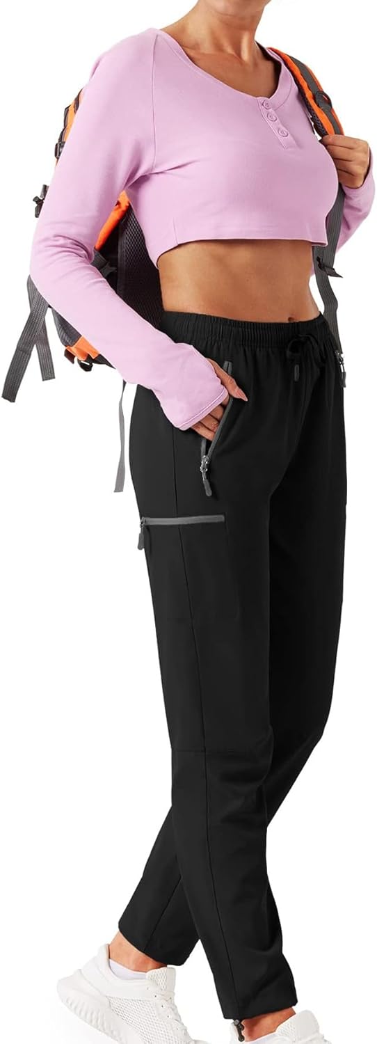 Women's Hiking Pants Outdoor Lightweight Quick Dry Water Resistant UPF 50+ Elastic Waist Cargo Pants Zipper Pockets - Image 5