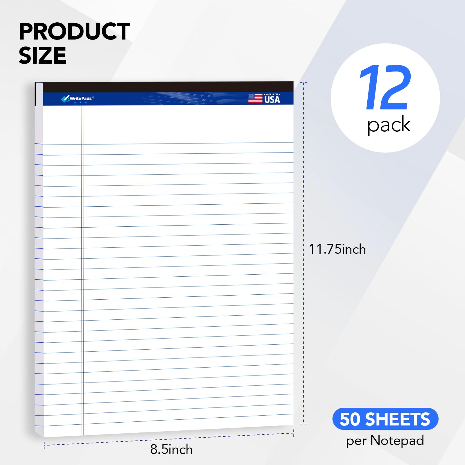 WritePads 21,6 x 28 cm, carta bianca a righe, 12 pezzi, 50 fogli per blocco scrittura, micro perforato, KSU-8355