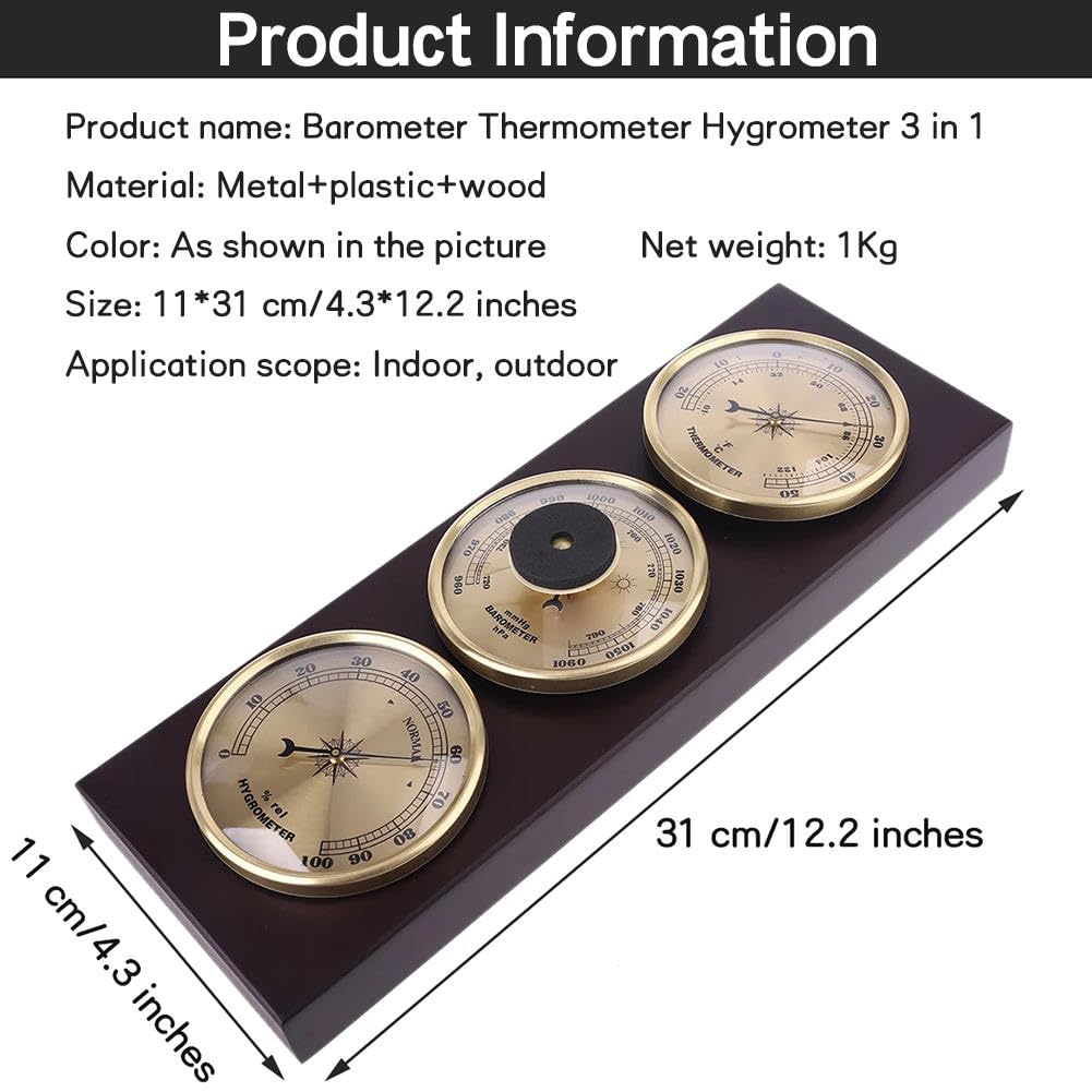 VINGAA Barometer, Barometer, Thermometer, Hygrometer, wandmontierte 3-in-1-Holzständer-Barometer, mechanische analoge Wetterstation, für Wohnzimmer, Schlafzimmer, Büro