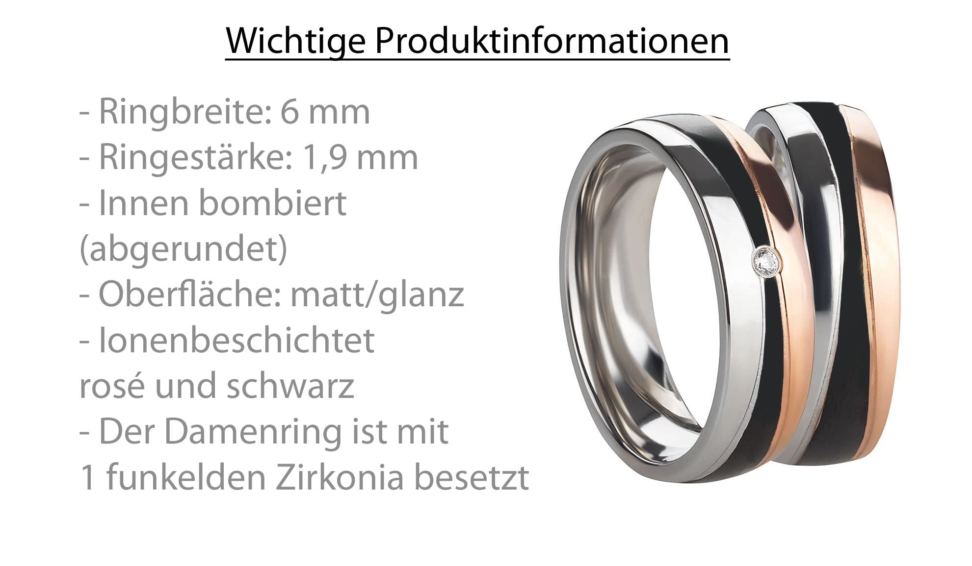 Paar Partnerringe & Eheringe aus Edelstahl – 6 mm Ringpaar mit Zirkonia & Gravur Verlobungsringe Trauringe Freundschaftsringe für Sie und Ihn im Etui | 3420