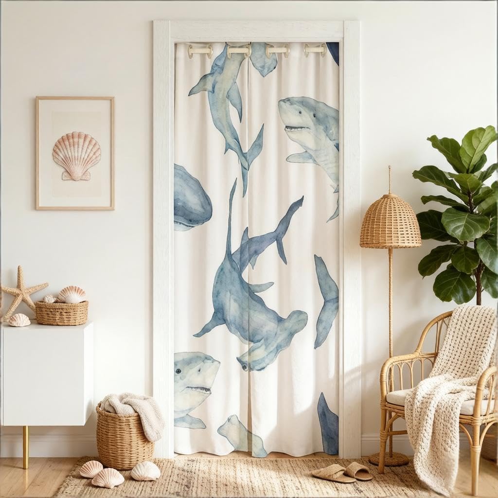 Loussiesd Shark Door Curtain for Doorway Privacy 106x203cm Ocean Sea Animal 30%-50% Room Darkening Blackout CurtainSea Underwater World Marine Theme Blue Animal Room Divider Curtain Cover