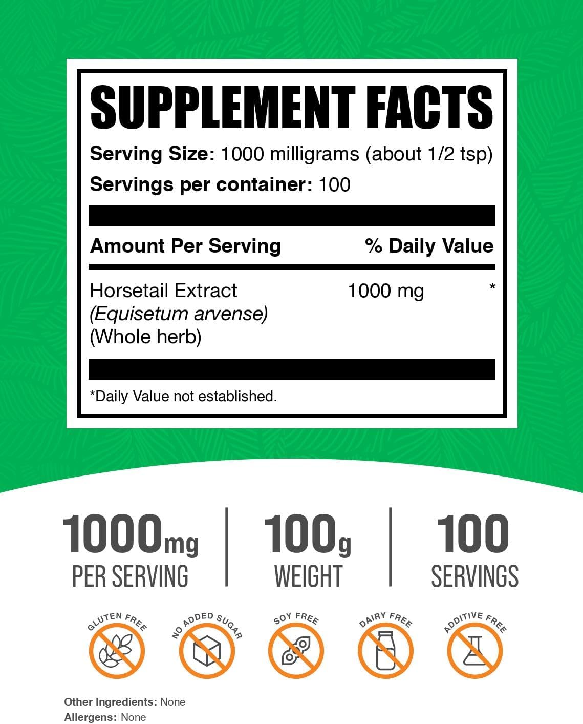 BulkSupplements.com Horsetail Extract Powder - Horsetail Herb - Silica Supplements, Gluten Free, 1g per Serving, 100g (3.5 oz) (Pack of 1)