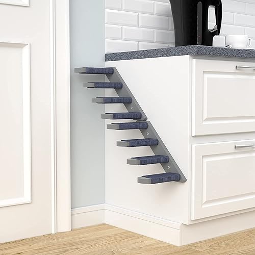 Miniatura 4 de Skywin Cat Steps - Paquete de 3 escaleras de madera de goma maciza de color gris, ideales para arañar y escalar, estantes para gatos montados en la