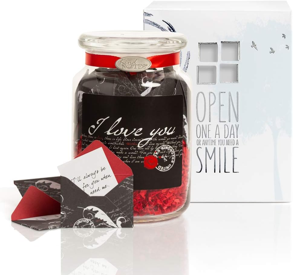 KindNotes Glass Keepsake Gift Jar with Inspirational Messages - Romantic I Love You