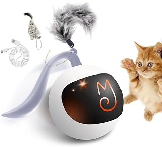 Migipaws Cat Toys, Automatic Moving Ball Bundle Classic Mice + Feather Kitten Toys in Pack. DIY N in 1 Pets Smart Electric Teaser, USB Rechargeable (White)