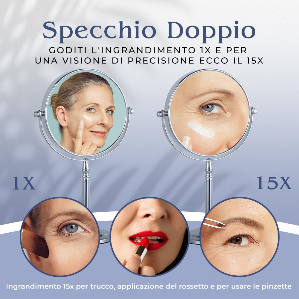 Mirrorvana specchio da tavolo per trucco con ingrandimento 15X e 1X, ideale per make up e toeletta da bagno, specchietto ingranditore 30 x 15 cm (cromo)