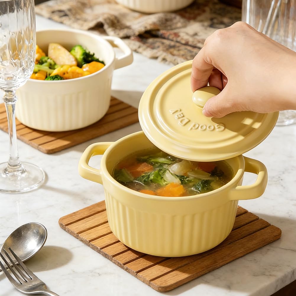 Mini cocotte con coperchio, pirofila in ceramica con manici e coperchio, stampini rotondi con coperchio per lasagne, soufflé, crème brûlée, dessert, per microonde e forno (Bianco, L-400ml-1pc)