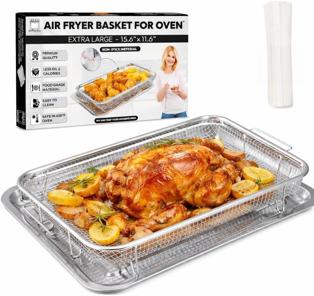 15.6" X 11.6" Large Air Fryer Basket for Oven, OvenCrisp Air Fryer Basket and Tray Set With 30PCS Parchment Papers, Stainless Steel Air Fryer Pan and Crisper Tray for Frying Baking