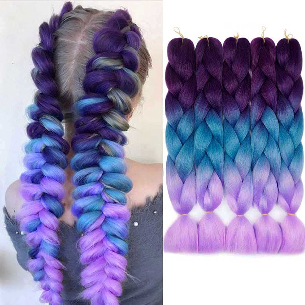 AIDUSA Ombre Braiding Hair Purple to Blue Braiding Hair Extensions for Braids 5pcs Synthetic Purple to Blue to Light Purple Braiding Hair Mermaid Hair Braid Hair (#56 Purple to Blue)