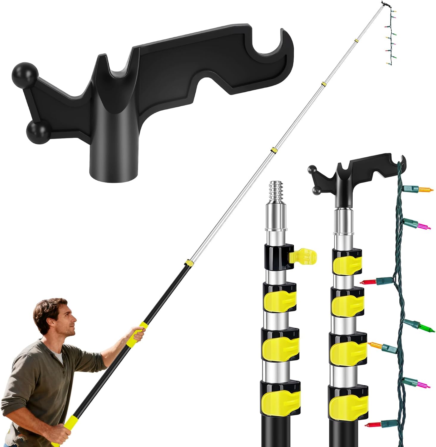 4.5-18 Ft Christmas Light Hanger Pole with Utility Hook, Telescoping Extension Pole for Hanging Christmas String Lights Birdfeeder, Christmas Light Pole Hanger Tool, Reaching High Places No Ladder 18 feet