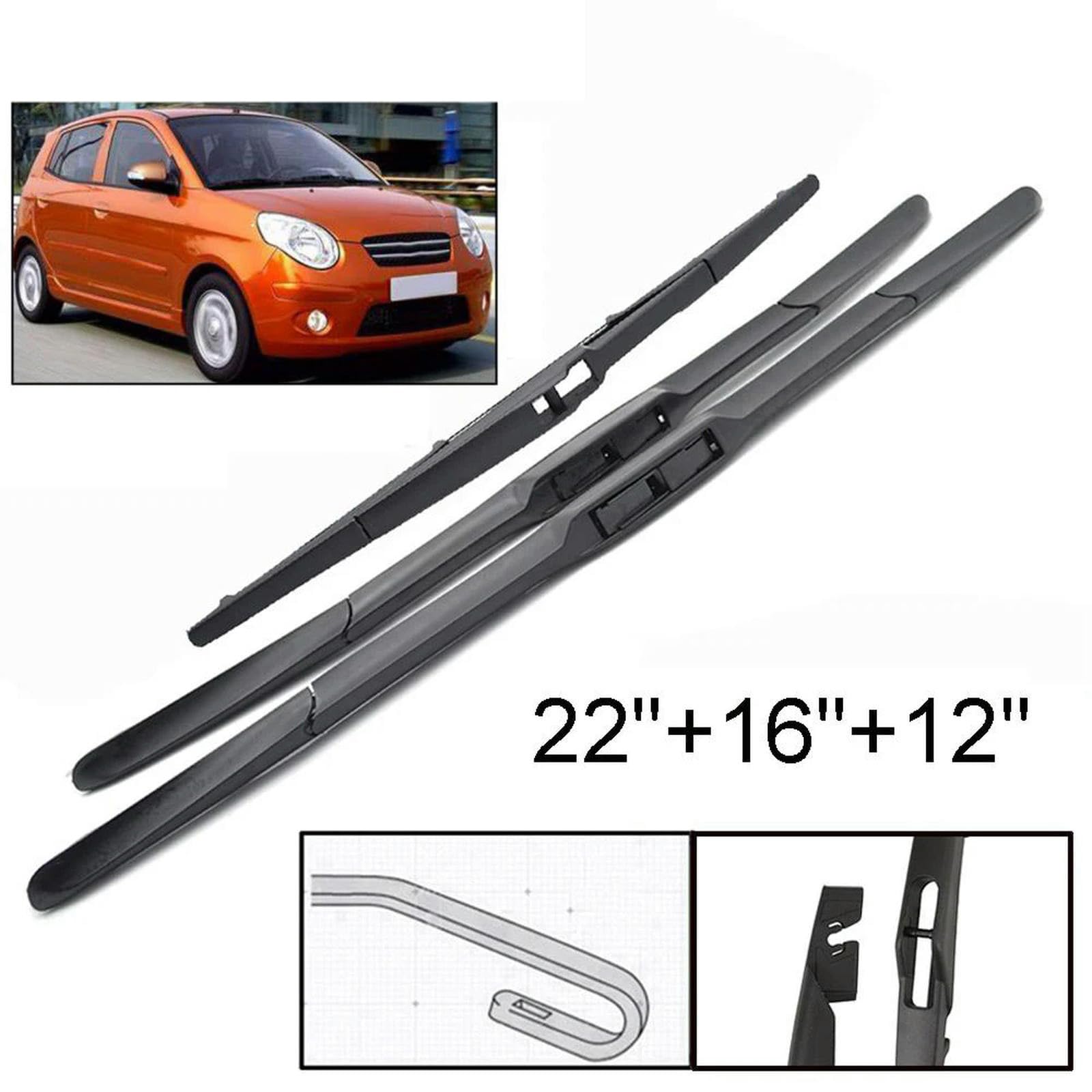 Reemplazo de limpiaparabrisas para Auto para Kia Picanto SA MK1 2004-2011 Escobillas limpiaparabrisas traseras de Repuesto para Auto 22"+16"+12"