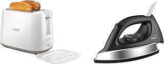 Philips HL7756/01 1000W Dry Iron Stainless Steel, Black & Philips HD2582/00 2-Slice Pop-Up Toaster 830W, Bun Warmer, 6 Browning Settings