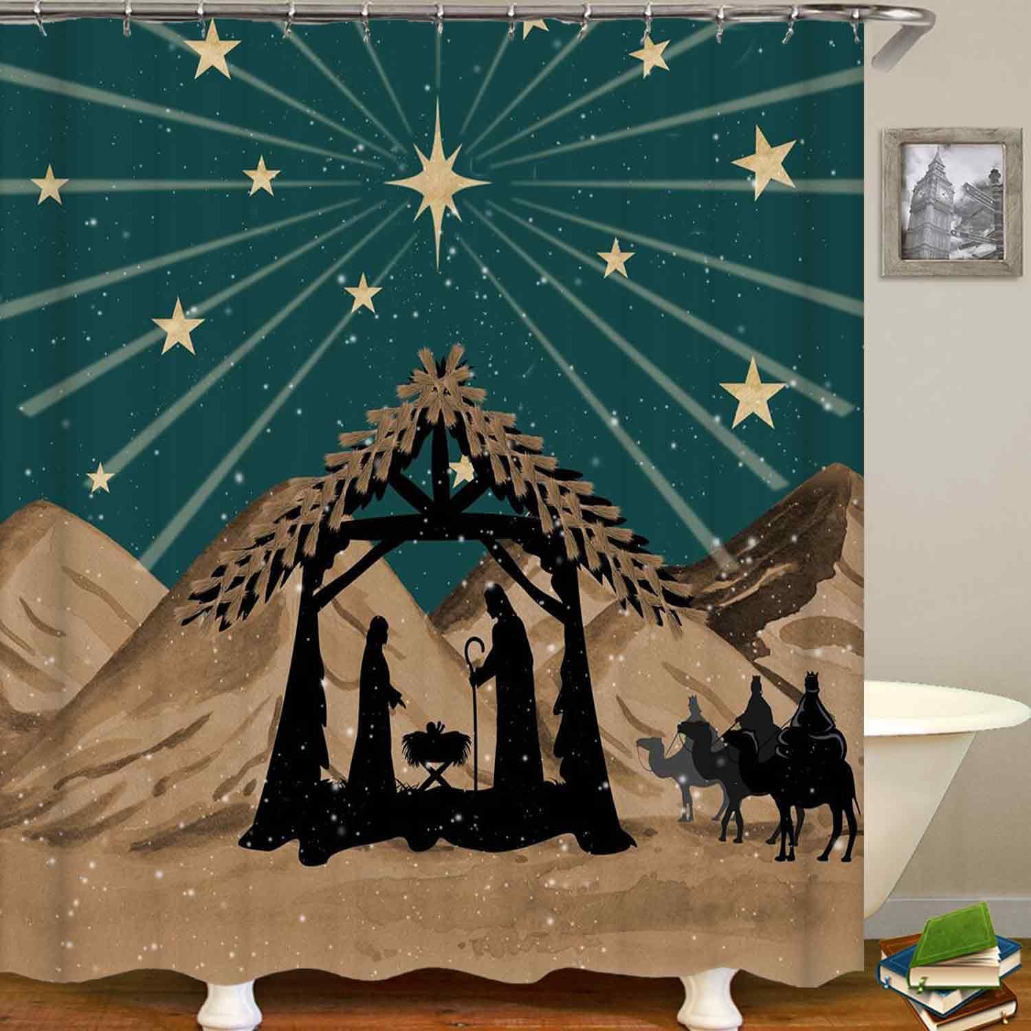 4PCS Christmas Shower Curtain Sets with Rugs, Waterproof Fabric Shower Curtain, Nativity Scene Dark Green Galaxy Bethlehem Star Manger Wise Men Mountain Holiday Winter Xmas Bathroom Decor